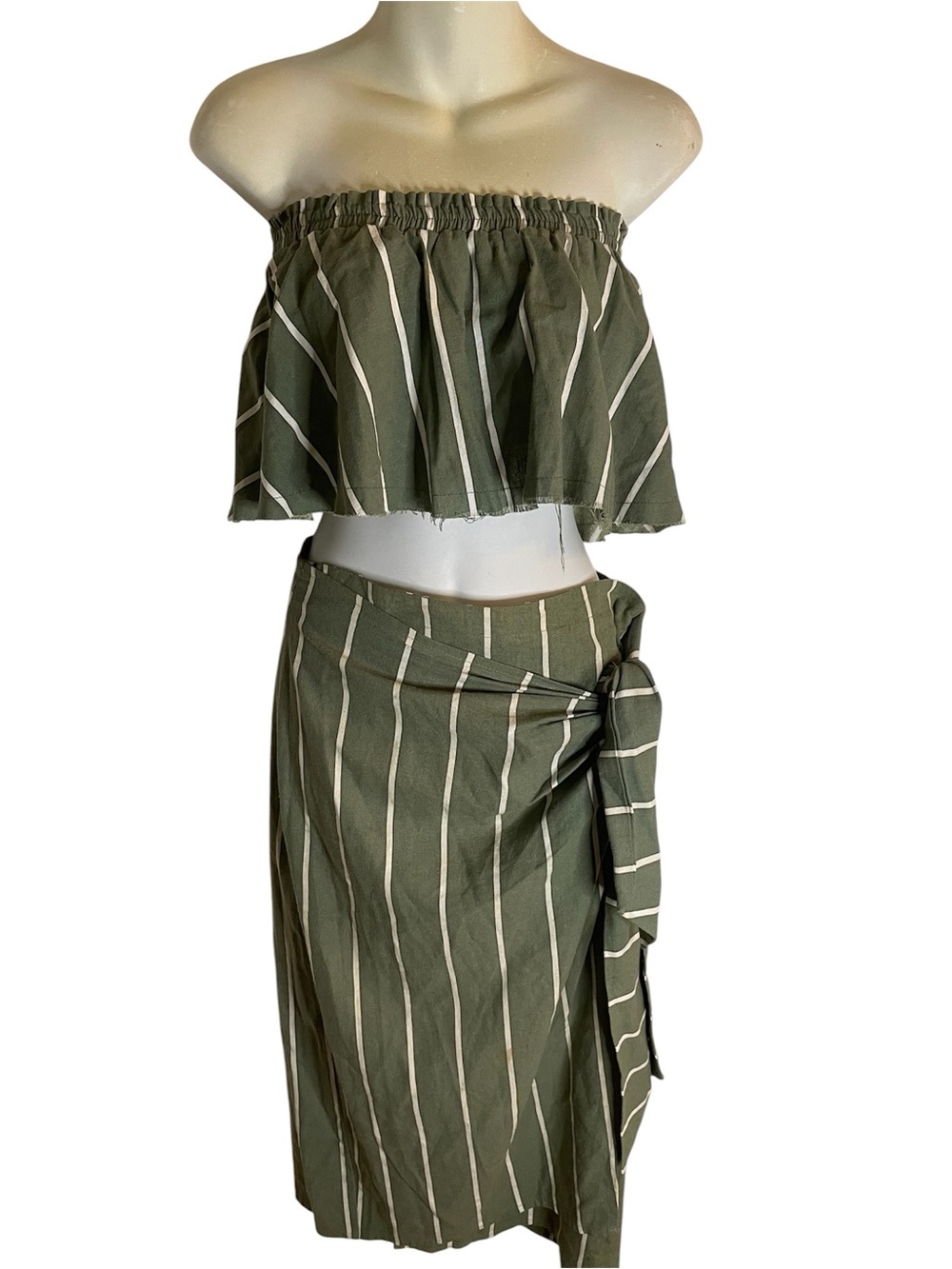 Faithfull the Brand Olive and Cream Striped Midi Wrap Skirt & Tube Top Size 4